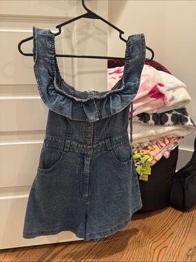 Kimchi Blue Denim Ruffle-Trim Romper - Blue